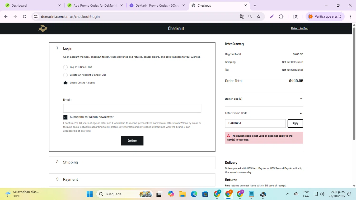 DeMarini promo code screenshot showing code DAK845T applied at DeMarini checkout page. Uploaded by SimplyCodes community member jesusalvarez1 on Oct 23, 2025