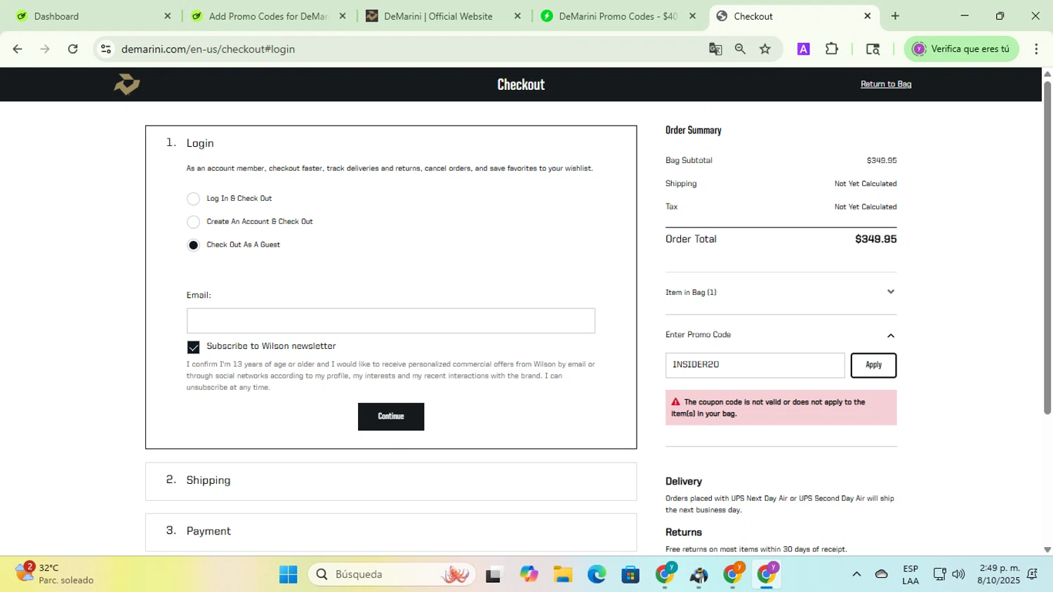 DeMarini promo code screenshot showing code INSIDER20 applied at DeMarini checkout page. Uploaded by SimplyCodes community member jesusalvarez1 on Oct 8, 2025