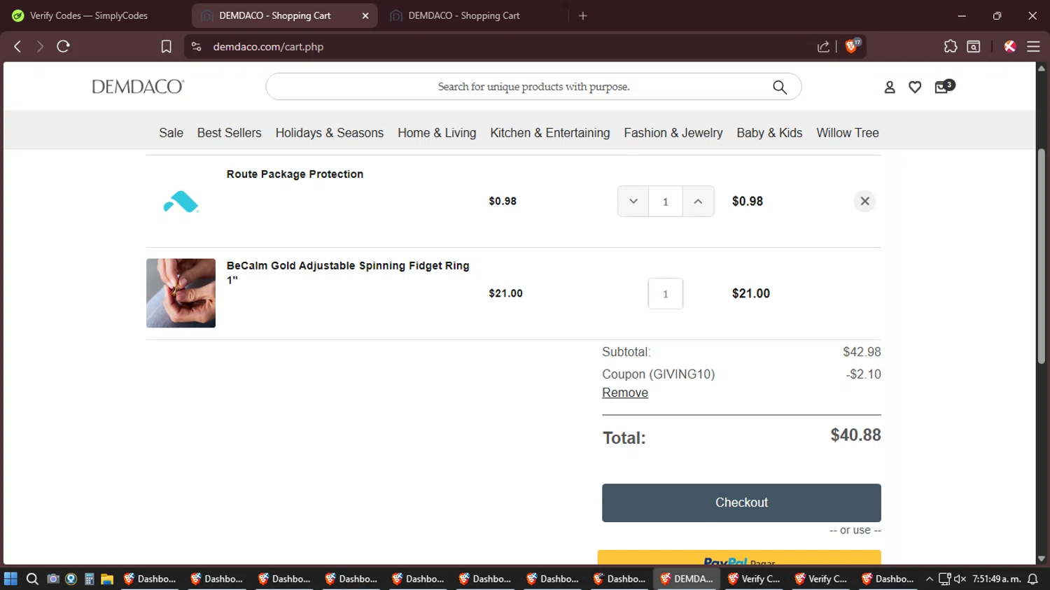 Demdaco promo code screenshot showing code GIVING10 applied at Demdaco checkout page. Uploaded by SimplyCodes community member Shizuku on Feb 21, 2026