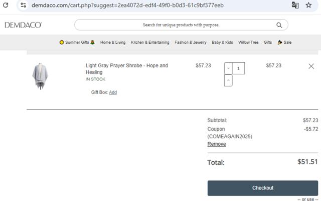 Demdaco checkout page showing Demdaco coupon code box | Screenshot taken by SimplyCodes community member on Aug 16, 2025