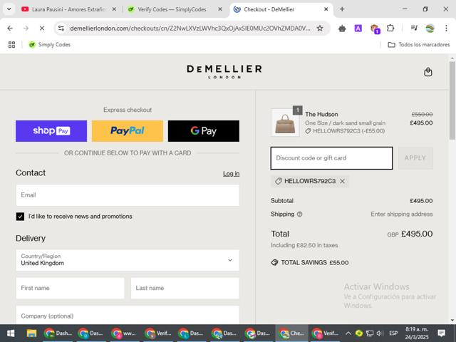 Demellier London checkout page showing Demellier London discount code box | Screenshot taken by SimplyCodes community member on Mar 24, 2025