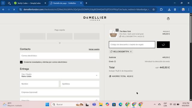 Demellier London checkout page showing Demellier London discount code box | Screenshot taken by SimplyCodes community member on Apr 9, 2025