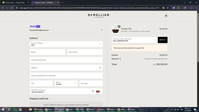 Demellier London checkout page showing Demellier London discount code box | Screenshot taken by SimplyCodes community member on May 27, 2025