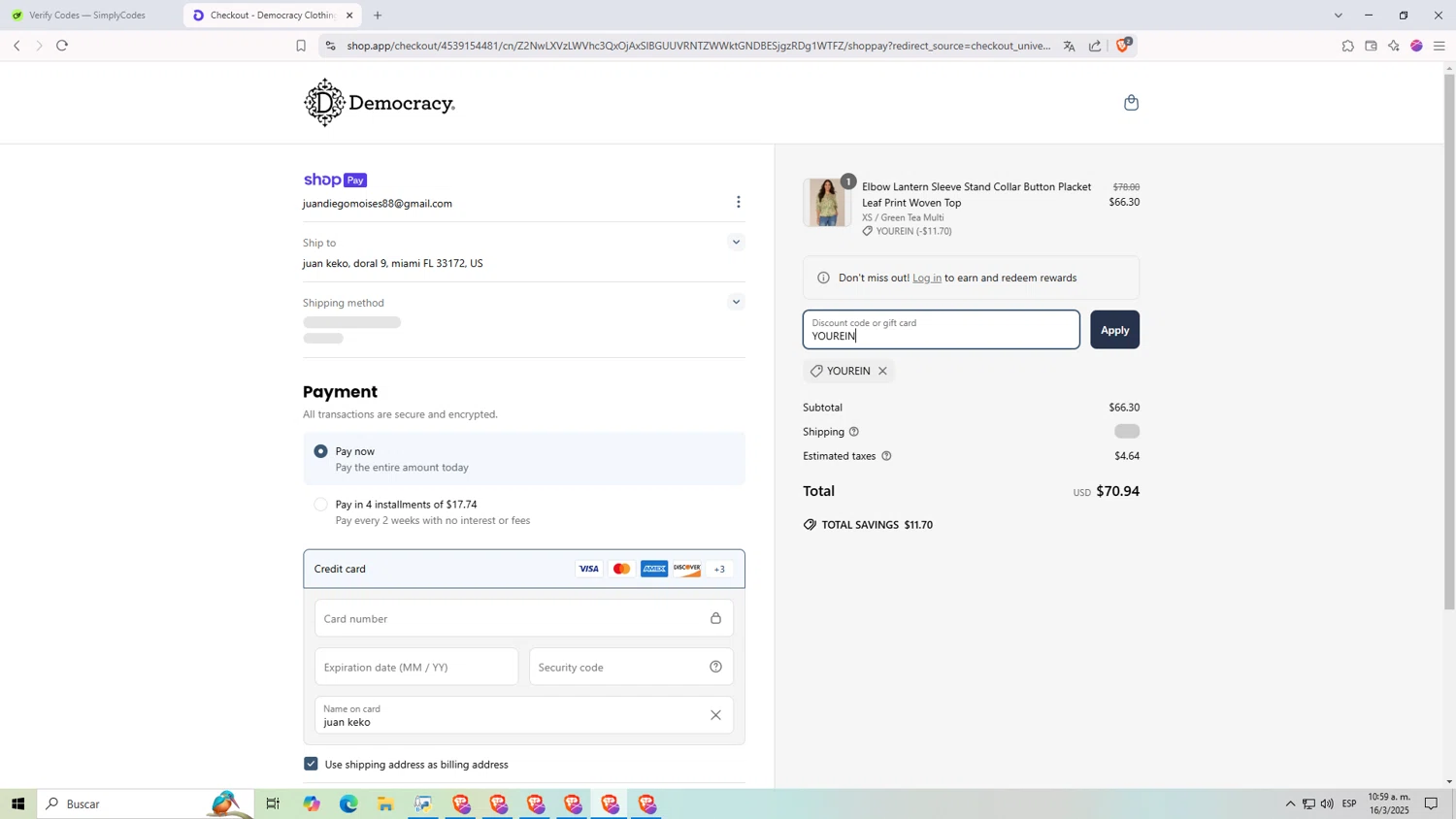 Democracy coupon code screenshot showing code YOUREIN applied at Democracy checkout page. Uploaded by SimplyCodes community member KILLUA on Mar 16, 2025