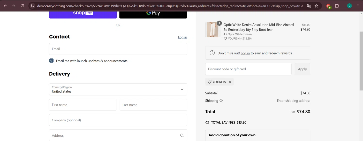 Democracy coupon code screenshot showing code YOUREIN applied at Democracy checkout page. Uploaded by SimplyCodes community member Negritoo on Mar 3, 2025