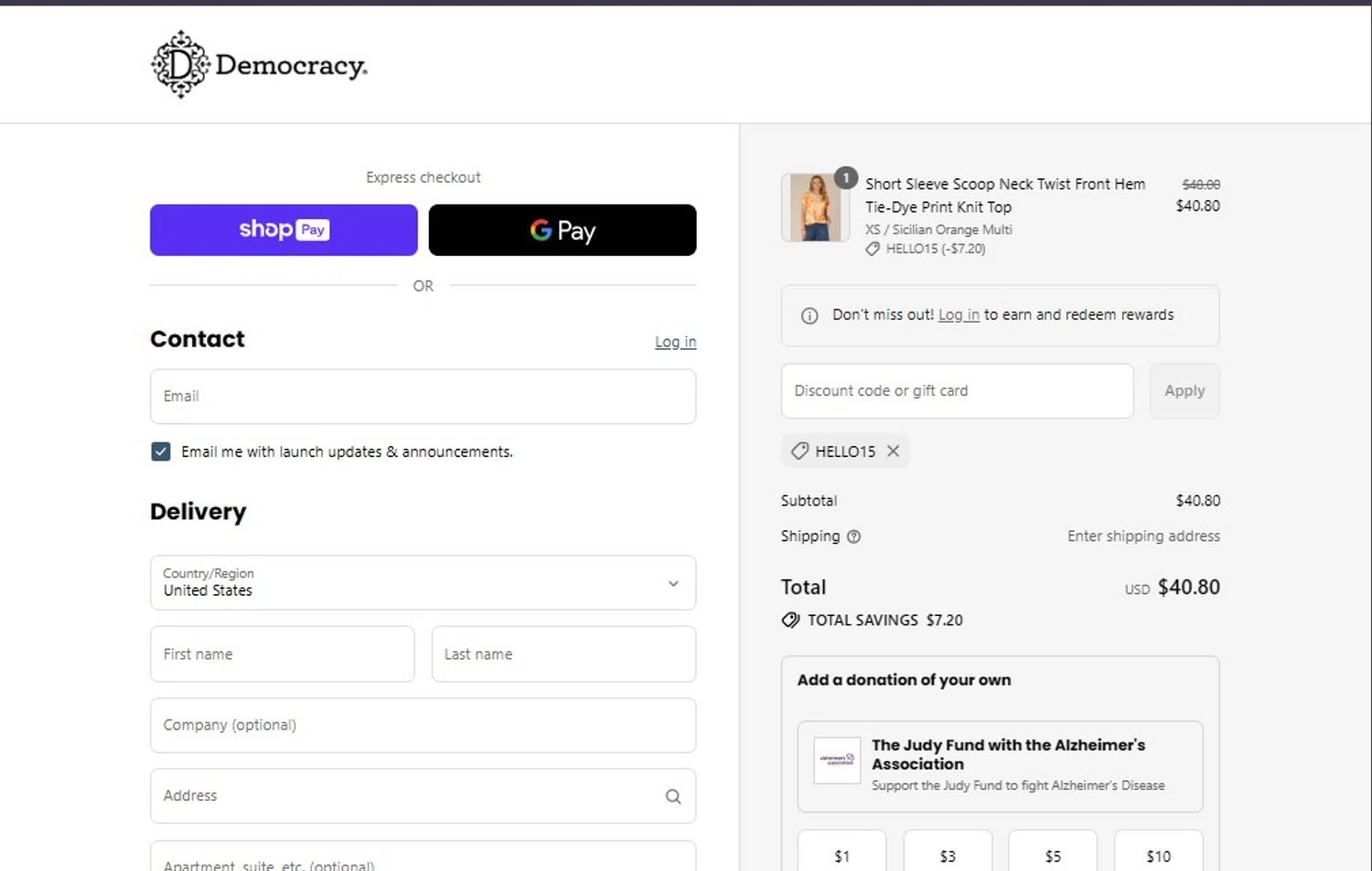 Democracy coupon code screenshot showing code HELLO15 applied at Democracy checkout page. Uploaded by SimplyCodes community member CoinScholar3615 on Jul 19, 2025