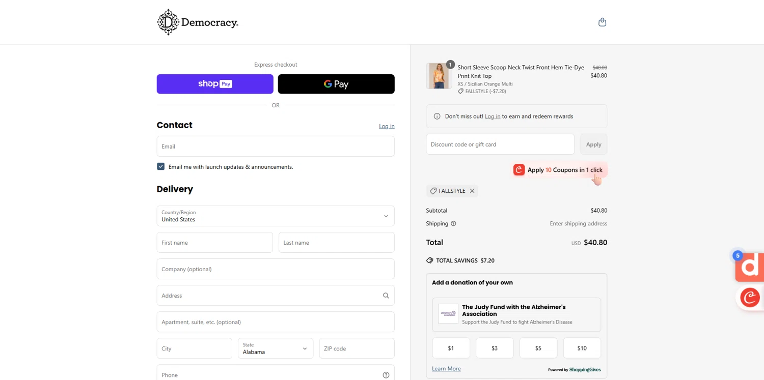 Democracy coupon code screenshot showing code FALLSTYLE applied at Democracy checkout page. Uploaded by SimplyCodes community member Dorothy on May 16, 2025