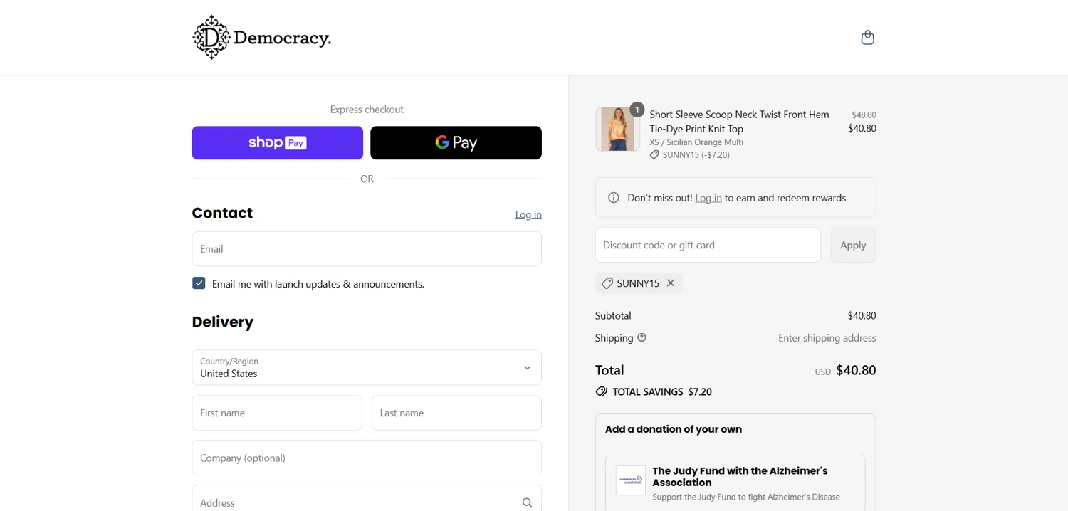 Democracy coupon code screenshot showing code SUNNY15 applied at Democracy checkout page. Uploaded by SimplyCodes community member Dorothy on Aug 21, 2025
