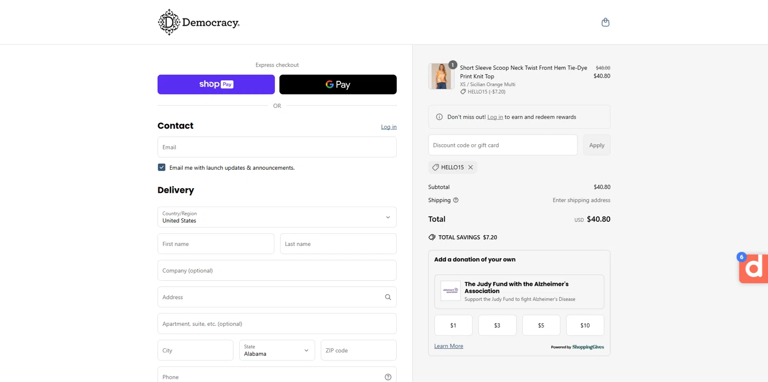 Democracy coupon code screenshot showing code HELLO15 applied at Democracy checkout page. Uploaded by SimplyCodes community member Dorothy on May 18, 2025