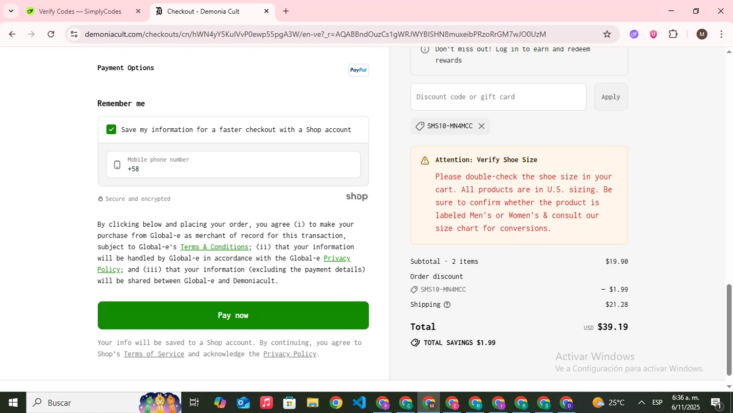 Demonia Cult discount code screenshot showing code SMS10-MN4MCC applied at Demonia Cult checkout page. Uploaded by SimplyCodes community member WonderWizard9060 on Nov 6, 2025