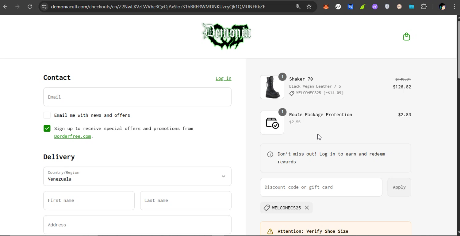 Demonia Cult discount code screenshot showing code WELCOMECS25 applied at Demonia Cult checkout page. Uploaded by SimplyCodes community member PrimeShopper6600 on Jul 1, 2025