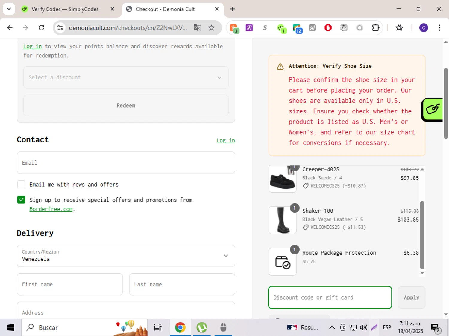 Demonia Cult discount code screenshot showing code WELCOMECS25 applied at Demonia Cult checkout page. Uploaded by SimplyCodes community member rosiris on Apr 18, 2025