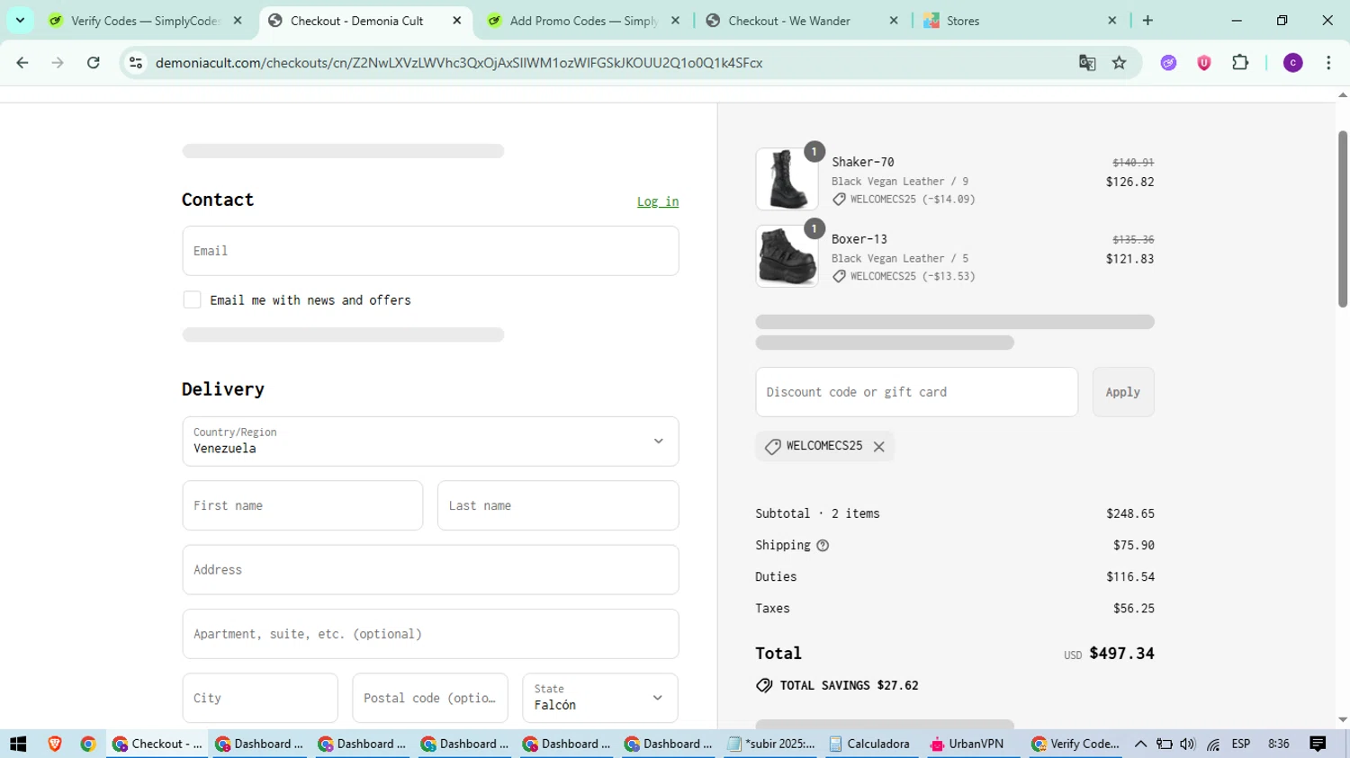Demonia Cult discount code screenshot showing code WELCOMECS25 applied at Demonia Cult checkout page. Uploaded by SimplyCodes community member suieeloves on Jul 10, 2025
