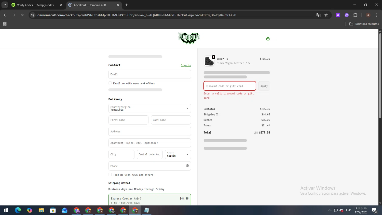 Demonia Cult discount code screenshot showing code HEARTLESS applied at Demonia Cult checkout page. Uploaded by SimplyCodes community member lisandro on Feb 17, 2026