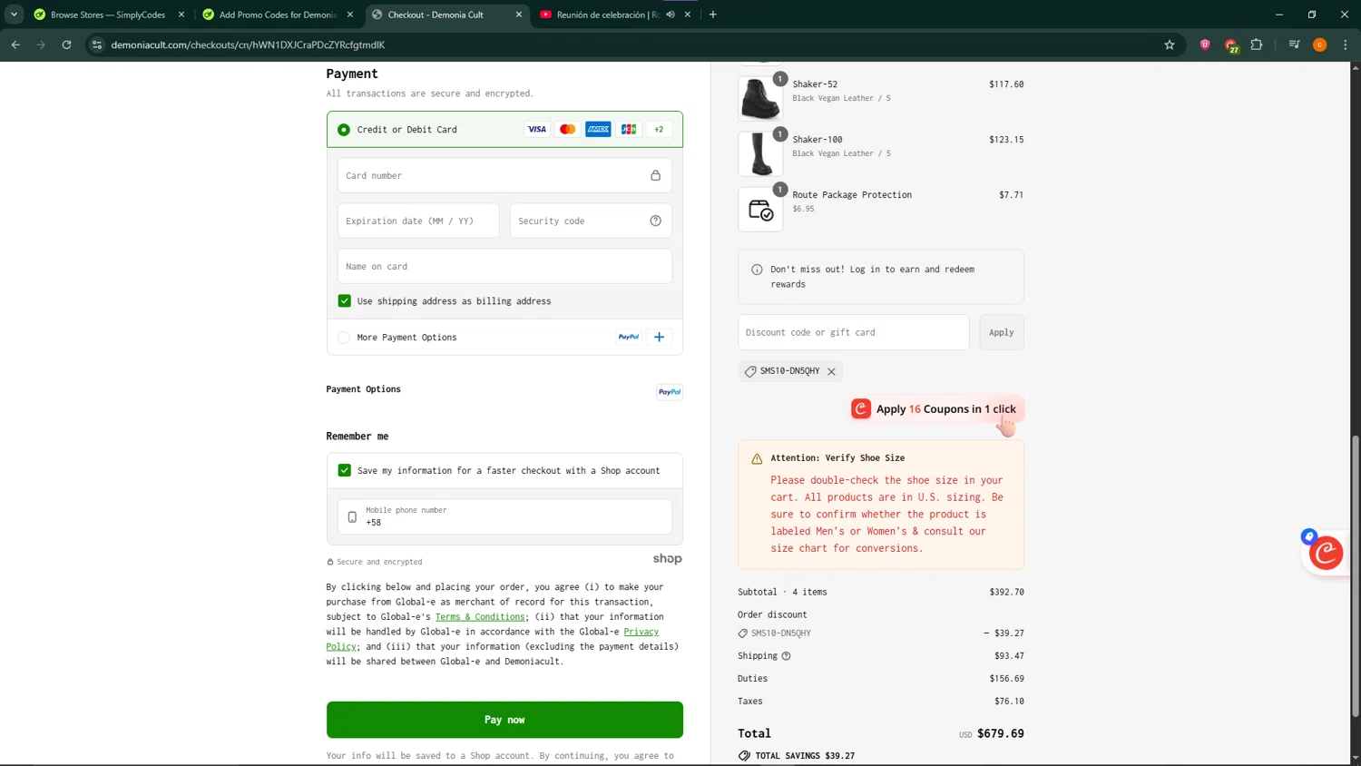 Demonia Cult discount code screenshot showing code SMS10-DN5QHY applied at Demonia Cult checkout page. Uploaded by SimplyCodes community member NobleScholar188 on Jul 30, 2025