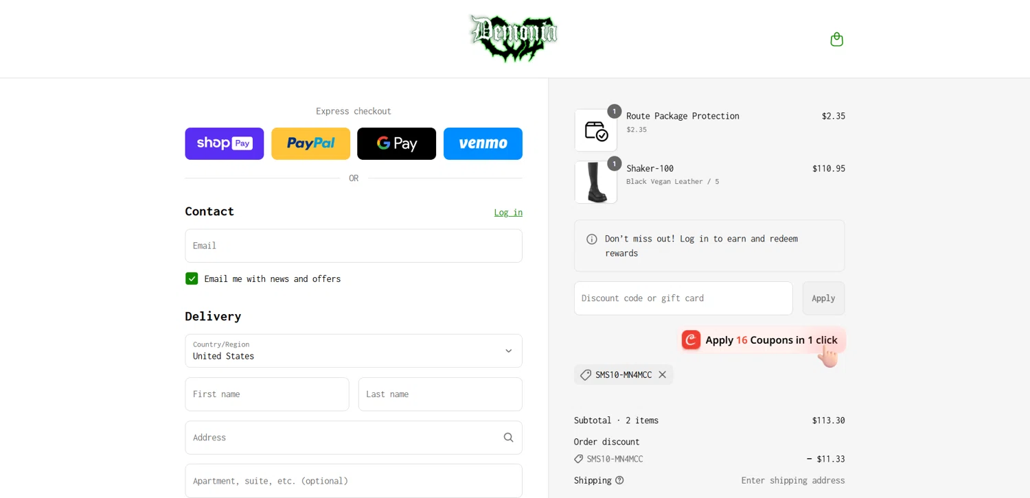 Demonia Cult discount code screenshot showing code SMS10-MN4MCC applied at Demonia Cult checkout page. Uploaded by SimplyCodes community member SaraiVillarroel on Aug 5, 2025