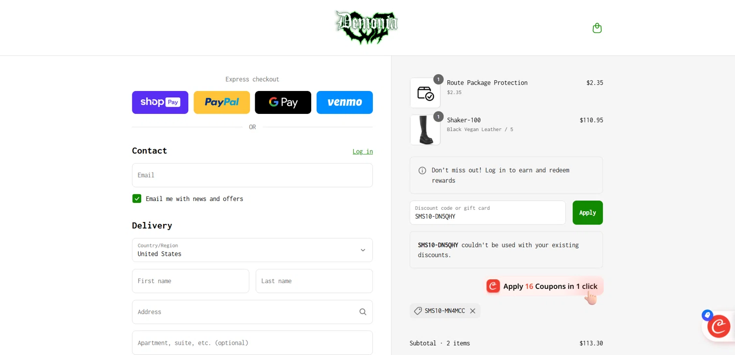 Demonia Cult discount code screenshot showing code SMS10-DN5QHY applied at Demonia Cult checkout page. Uploaded by SimplyCodes community member SaraiVillarroel on Aug 5, 2025