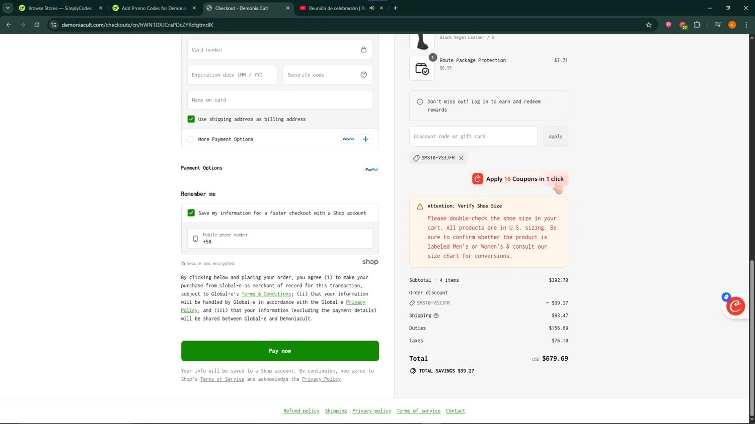 Demonia Cult discount code screenshot showing code SMS10-vs3jFr applied at Demonia Cult checkout page. Uploaded by SimplyCodes community member ShrewdCaptain9911 on Jul 30, 2025