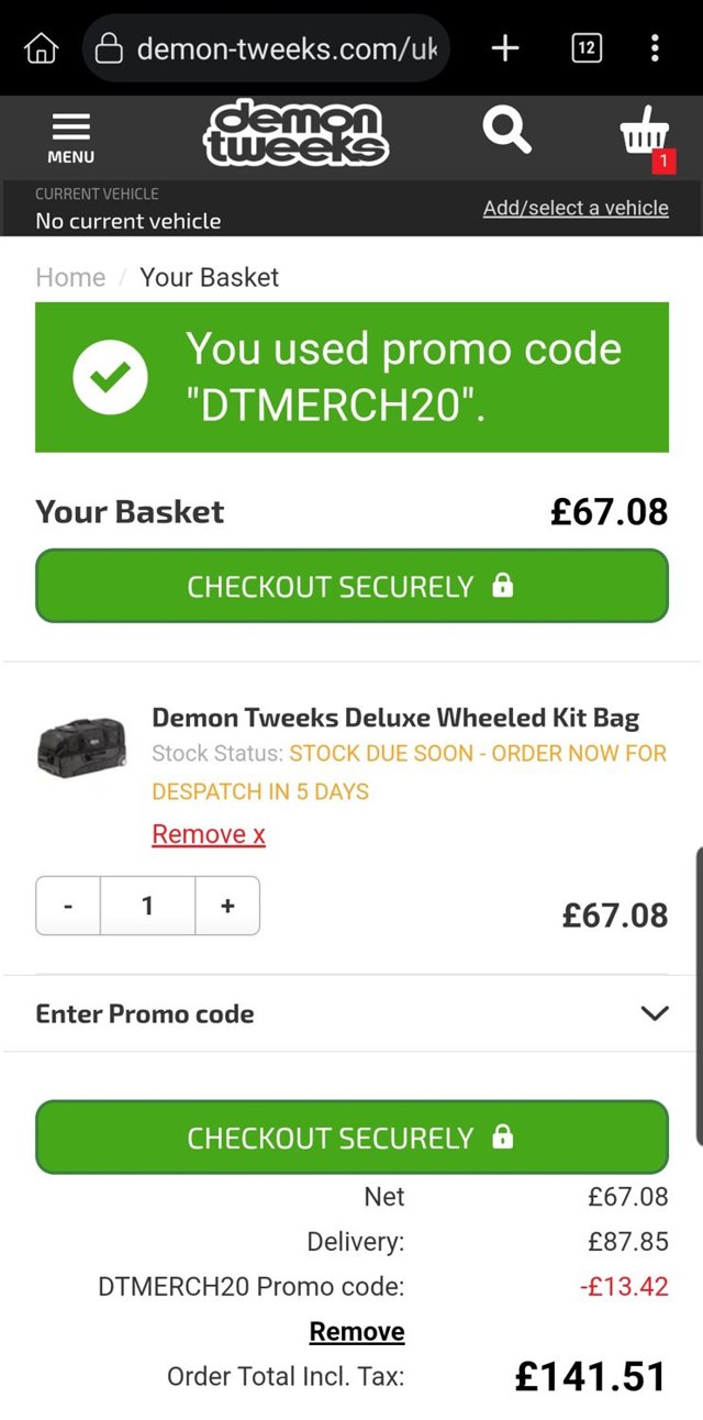 Demon Tweeks checkout page showing Demon Tweeks discount code box | Screenshot taken by SimplyCodes community member on Jun 12, 2025