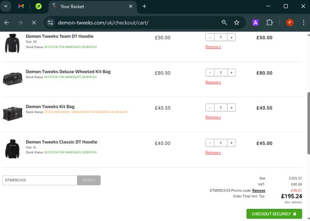 Demon Tweeks checkout page showing Demon Tweeks discount code box | Screenshot taken by SimplyCodes community member on Mar 21, 2025