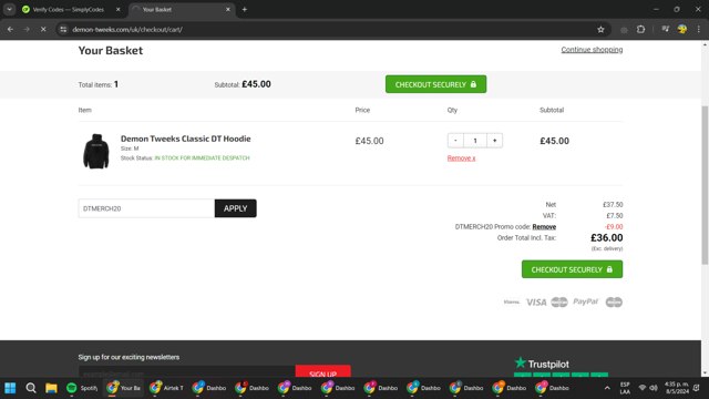 Demon Tweeks checkout page showing Demon Tweeks discount code box | Screenshot taken by SimplyCodes community member on May 8, 2024