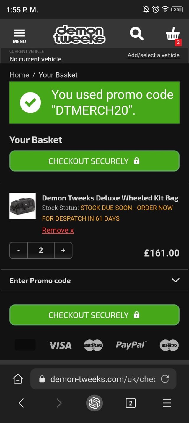 Demon Tweeks checkout page showing Demon Tweeks discount code box | Screenshot taken by SimplyCodes community member on May 24, 2024