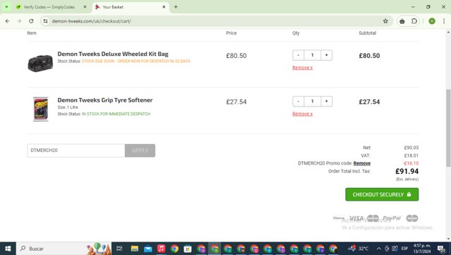 Demon Tweeks checkout page showing Demon Tweeks discount code box | Screenshot taken by SimplyCodes community member on Jul 13, 2024