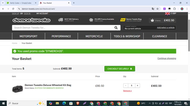 Demon Tweeks checkout page showing Demon Tweeks discount code box | Screenshot taken by SimplyCodes community member on Mar 10, 2025