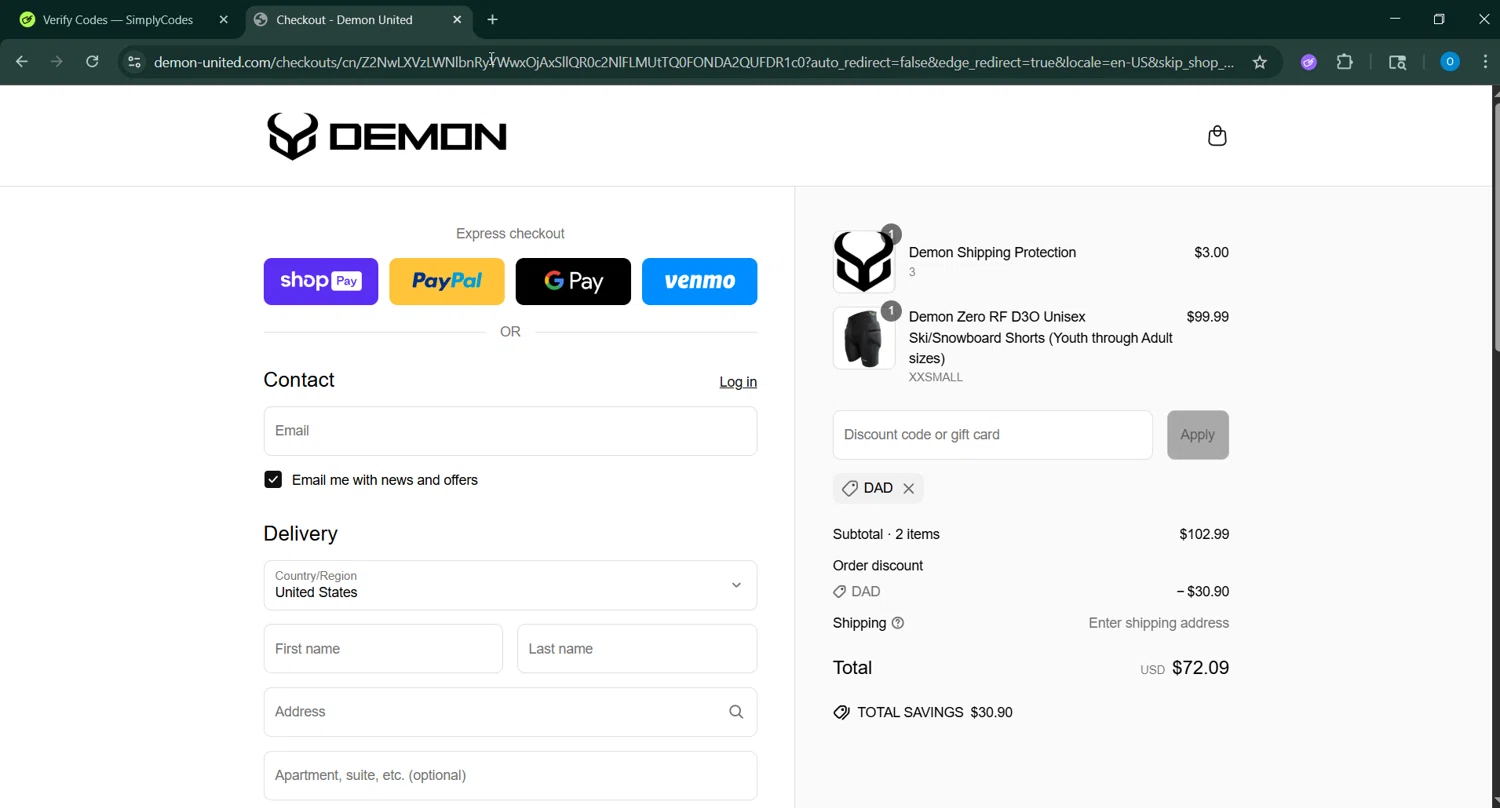 Demon United promo code screenshot showing code DAD applied at Demon United checkout page. Uploaded by SimplyCodes community member RoyalSage9159 on Jun 26, 2025