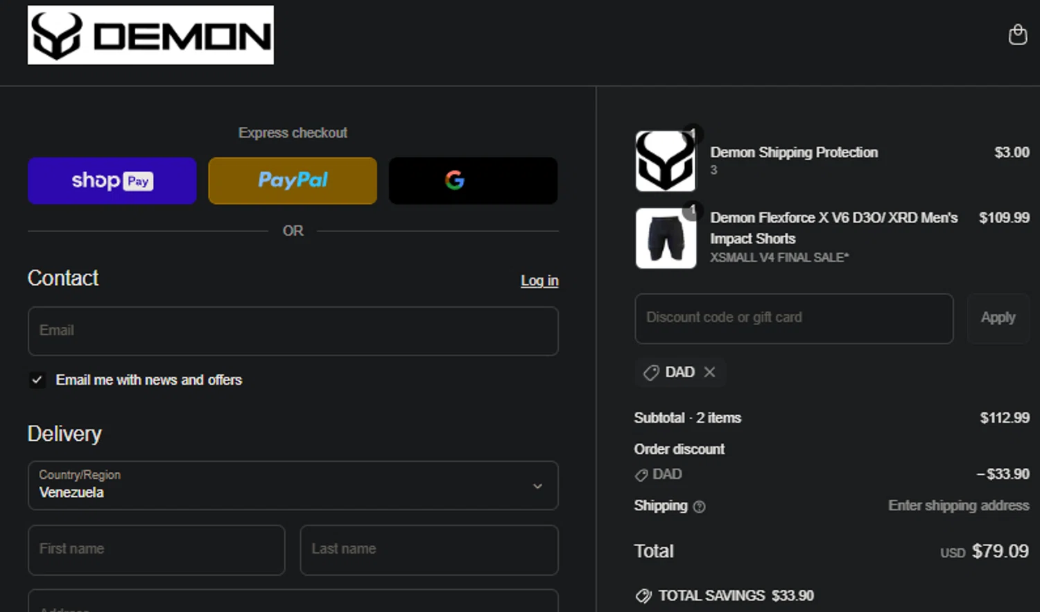 Demon United promo code screenshot showing code DAD applied at Demon United checkout page. Uploaded by SimplyCodes community member SpiderGwen on Jun 16, 2025