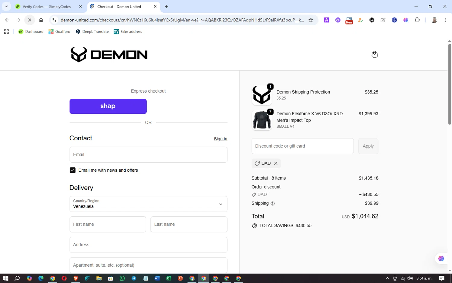Demon United promo code screenshot showing code DAD applied at Demon United checkout page. Uploaded by SimplyCodes community member Washington on Dec 29, 2025