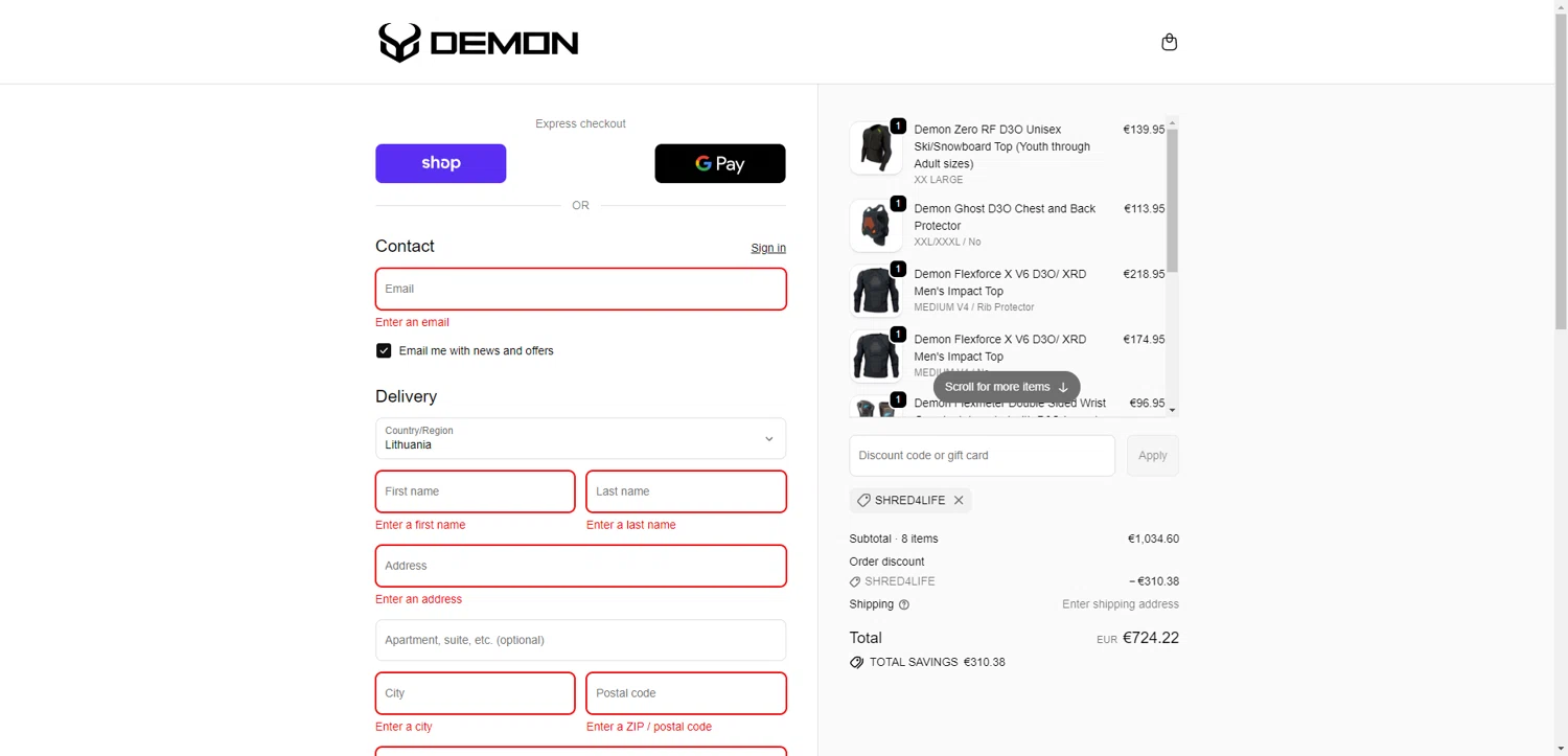 Demon United promo code screenshot showing code SHRED4LIFE applied at Demon United checkout page. Uploaded by SimplyCodes community member ScanRanger3503 on Oct 11, 2025