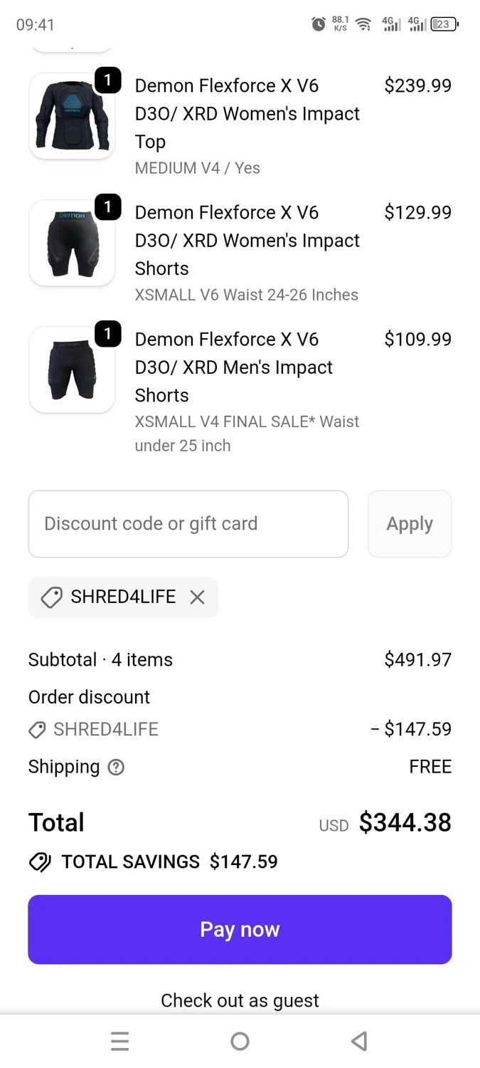 Demon United promo code screenshot showing code SHRED4LIFE applied at Demon United checkout page. Uploaded by SimplyCodes community member dayselis15 on Oct 11, 2025