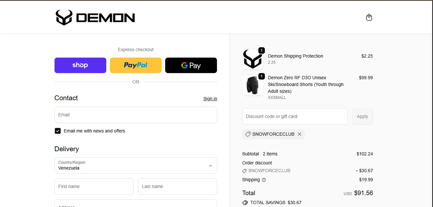 Demon United promo code screenshot showing code SNOWFORCECLUB applied at Demon United checkout page. Uploaded by SimplyCodes community member juanisaac on Oct 12, 2025