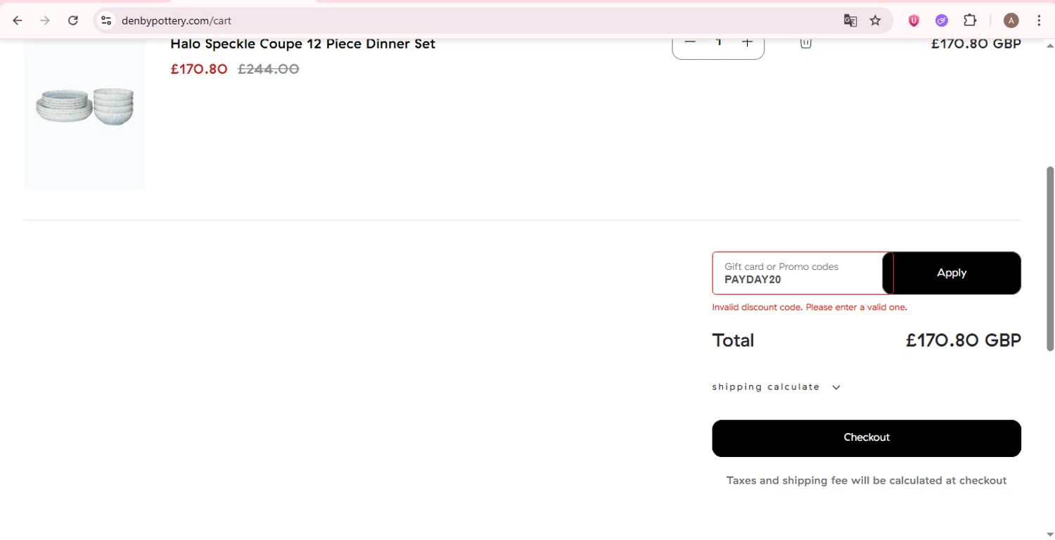 Denby Pottery promo code screenshot showing code PAYDAY20 applied at Denby Pottery checkout page. Uploaded by SimplyCodes community member GoldRanger7896 on Sep 26, 2025
