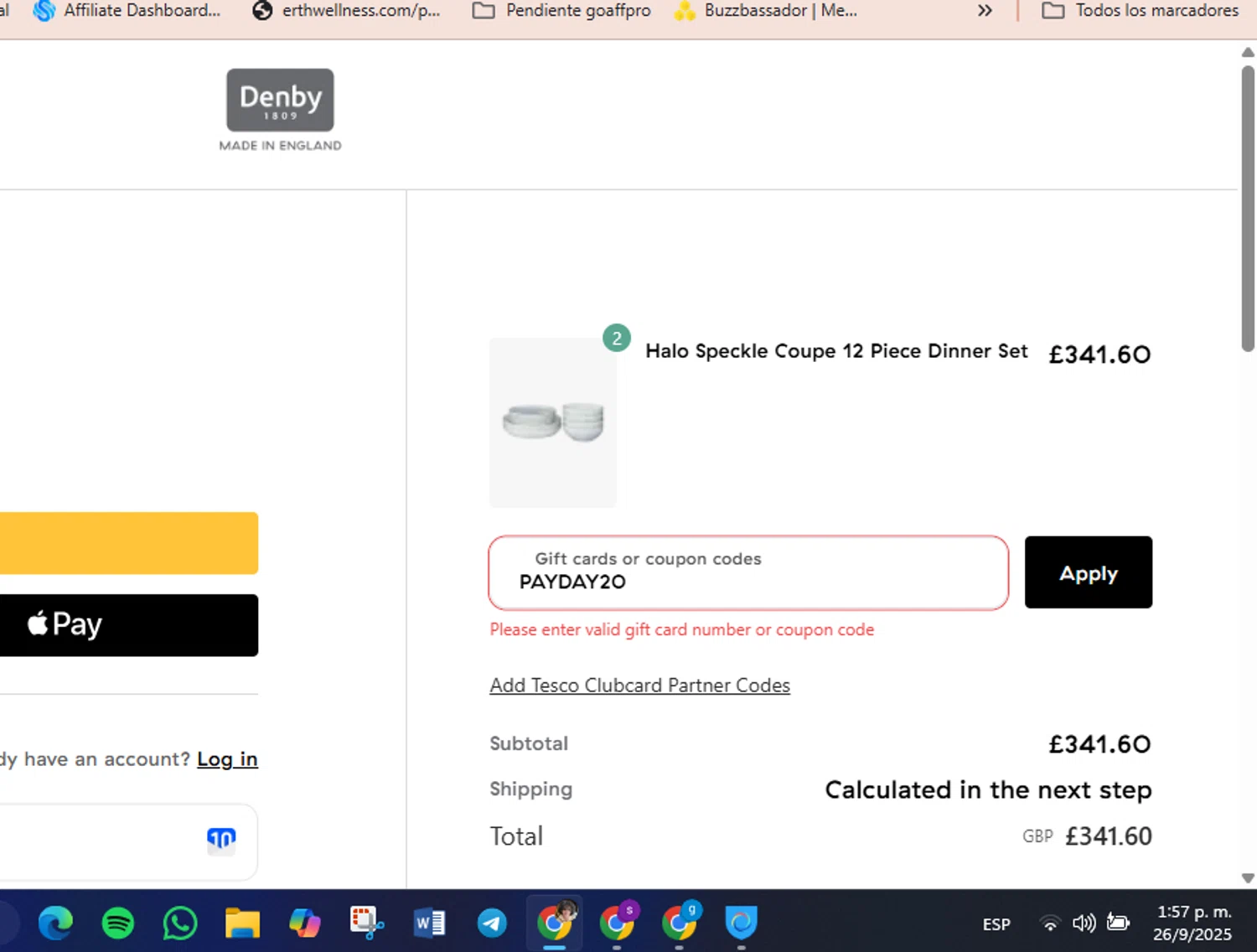 Denby Pottery promo code screenshot showing code PAYDAY20 applied at Denby Pottery checkout page. Uploaded by SimplyCodes community member luisaballera on Sep 26, 2025