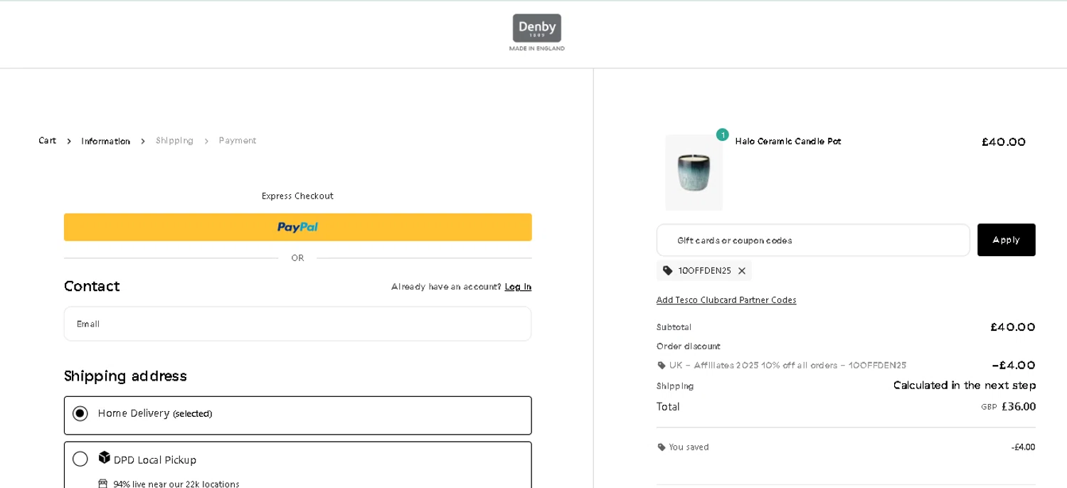 Denby Pottery checkout page showing Denby Pottery promo code box | Screenshot taken by SimplyCodes community member on Nov 2, 2025