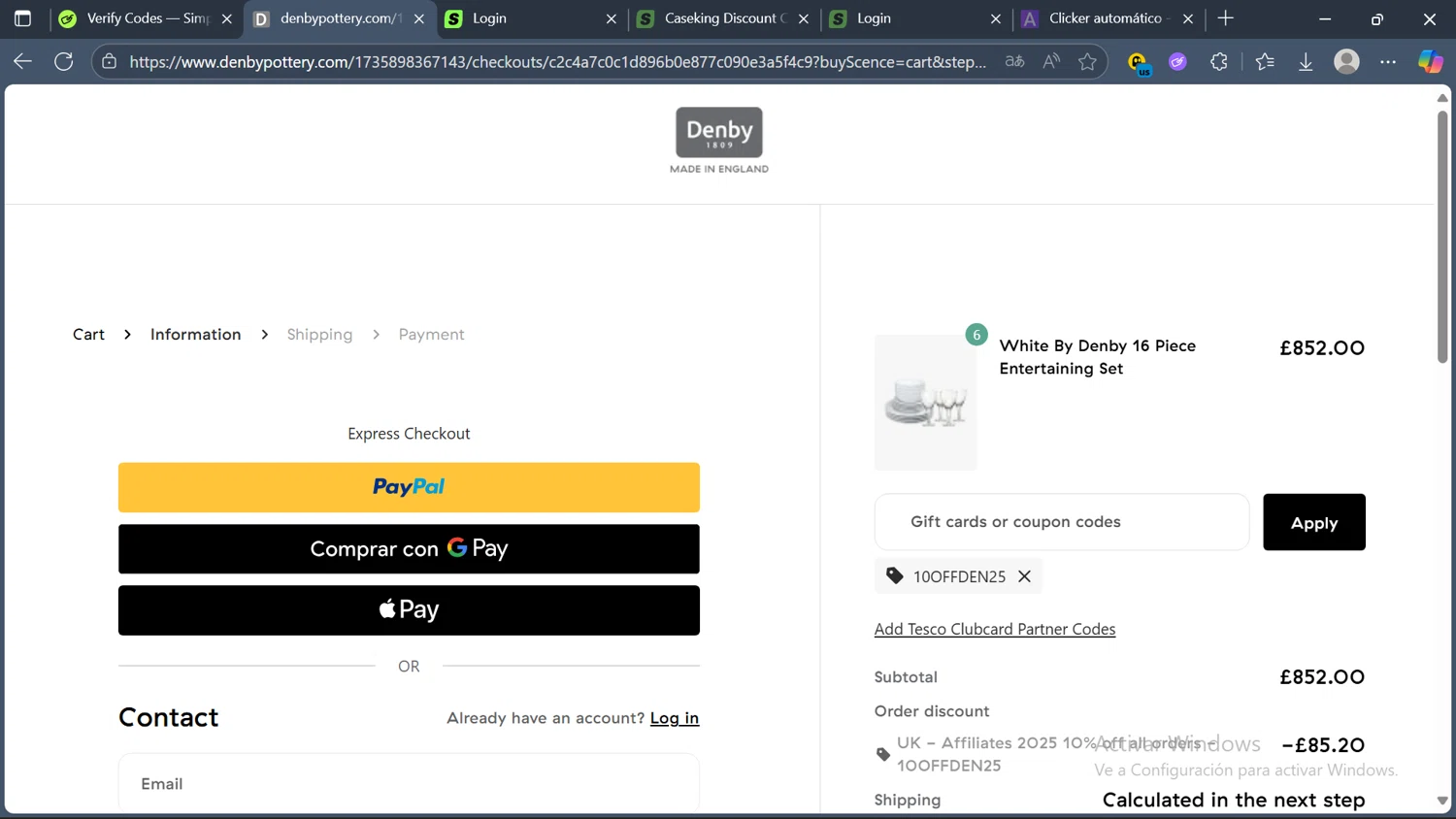 Denby Pottery checkout page showing Denby Pottery promo code box | Screenshot taken by SimplyCodes community member on Oct 4, 2025