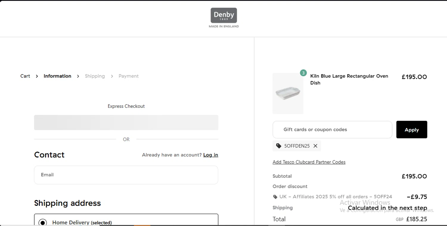 Denby Pottery promo code screenshot showing code 5OFFDEN25 applied at Denby Pottery checkout page. Uploaded by SimplyCodes community member CodeEagle1166 on Oct 25, 2025