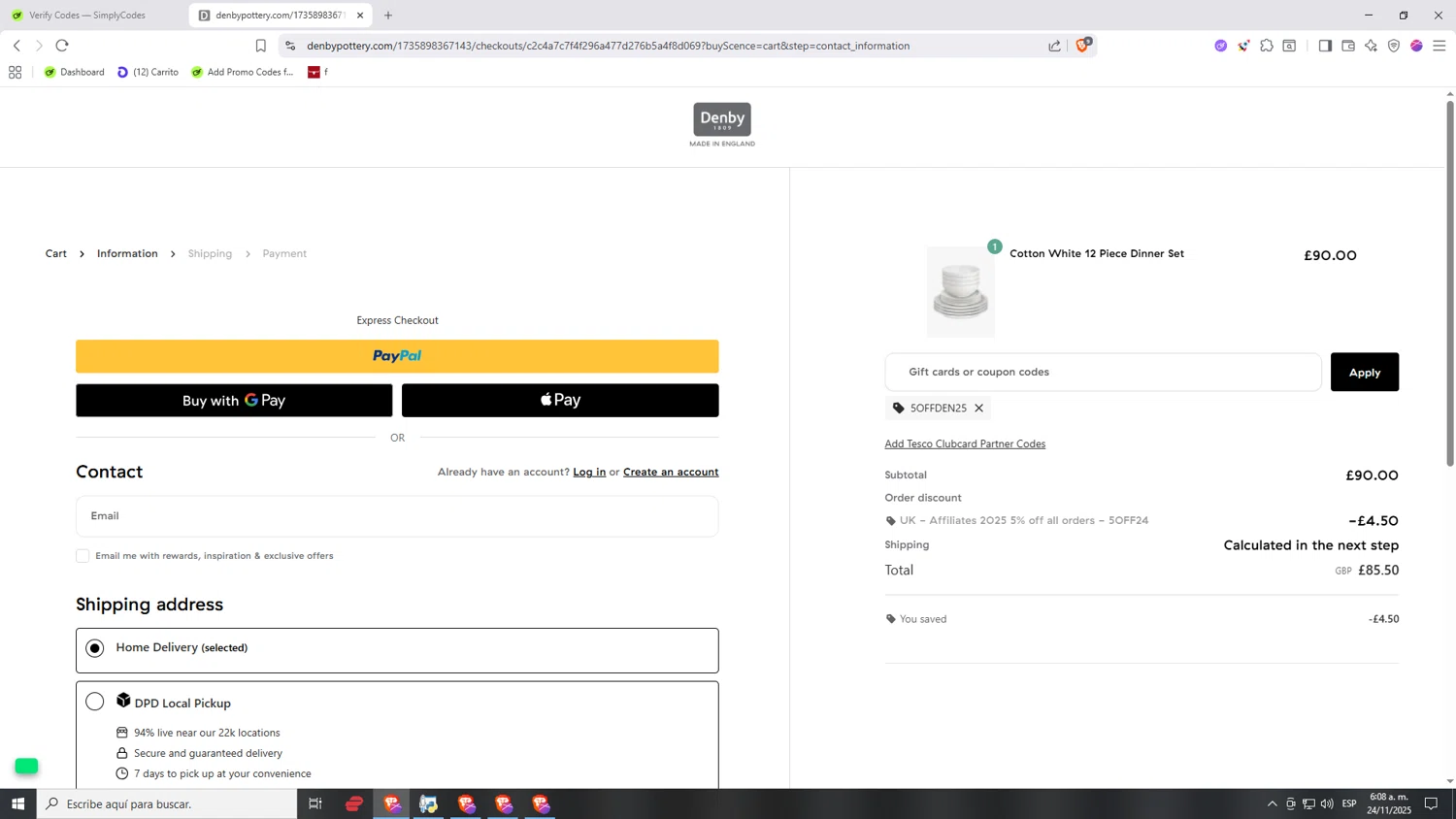 Denby Pottery promo code screenshot showing code 5OFFDEN25 applied at Denby Pottery checkout page. Uploaded by SimplyCodes community member Nezukooo on Nov 24, 2025