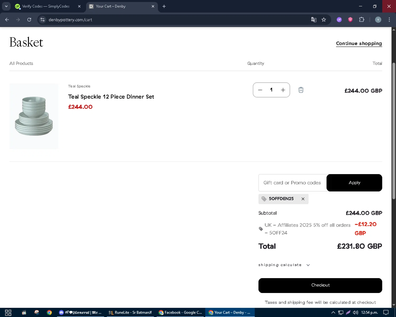 Denby Pottery promo code screenshot showing code 5OFFDEN25 applied at Denby Pottery checkout page. Uploaded by SimplyCodes community member charmander589 on Jul 30, 2025