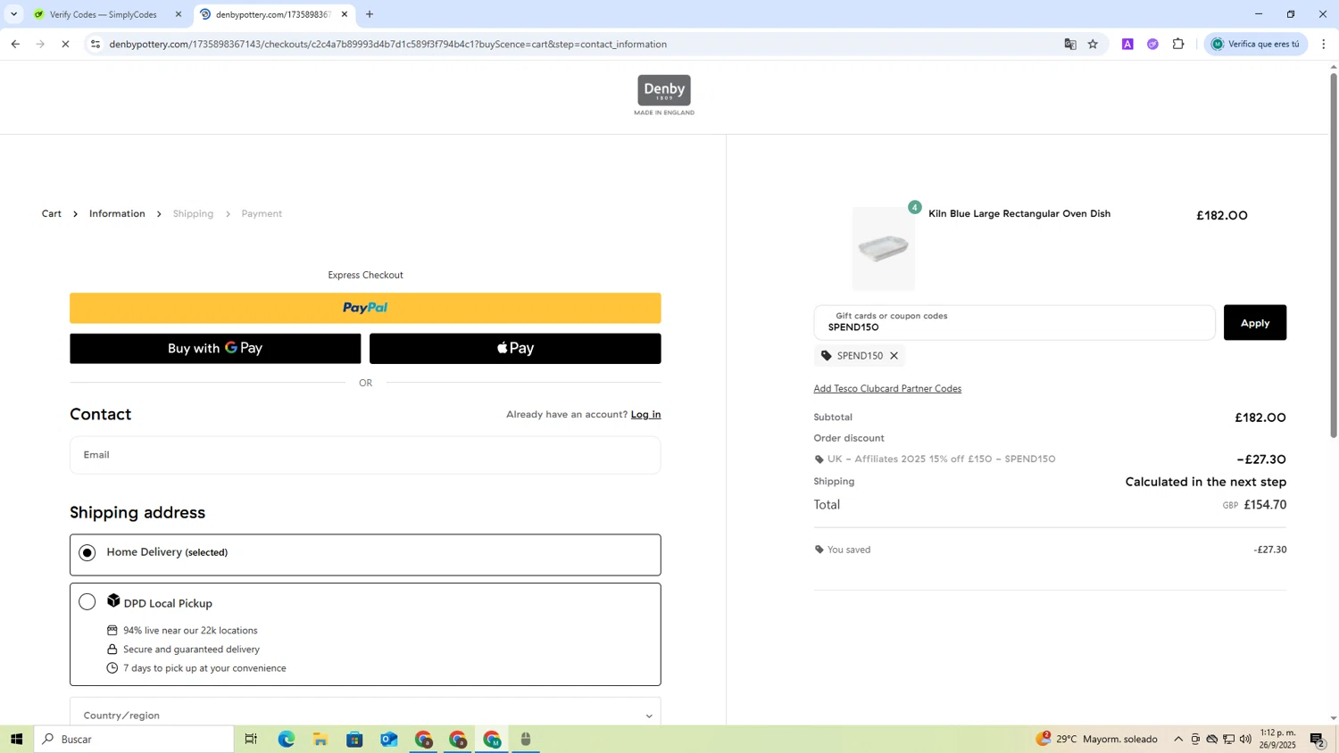 Denby Pottery promo code screenshot showing code SPEND150 applied at Denby Pottery checkout page. Uploaded by SimplyCodes community member CoinCollector8010 on Sep 26, 2025