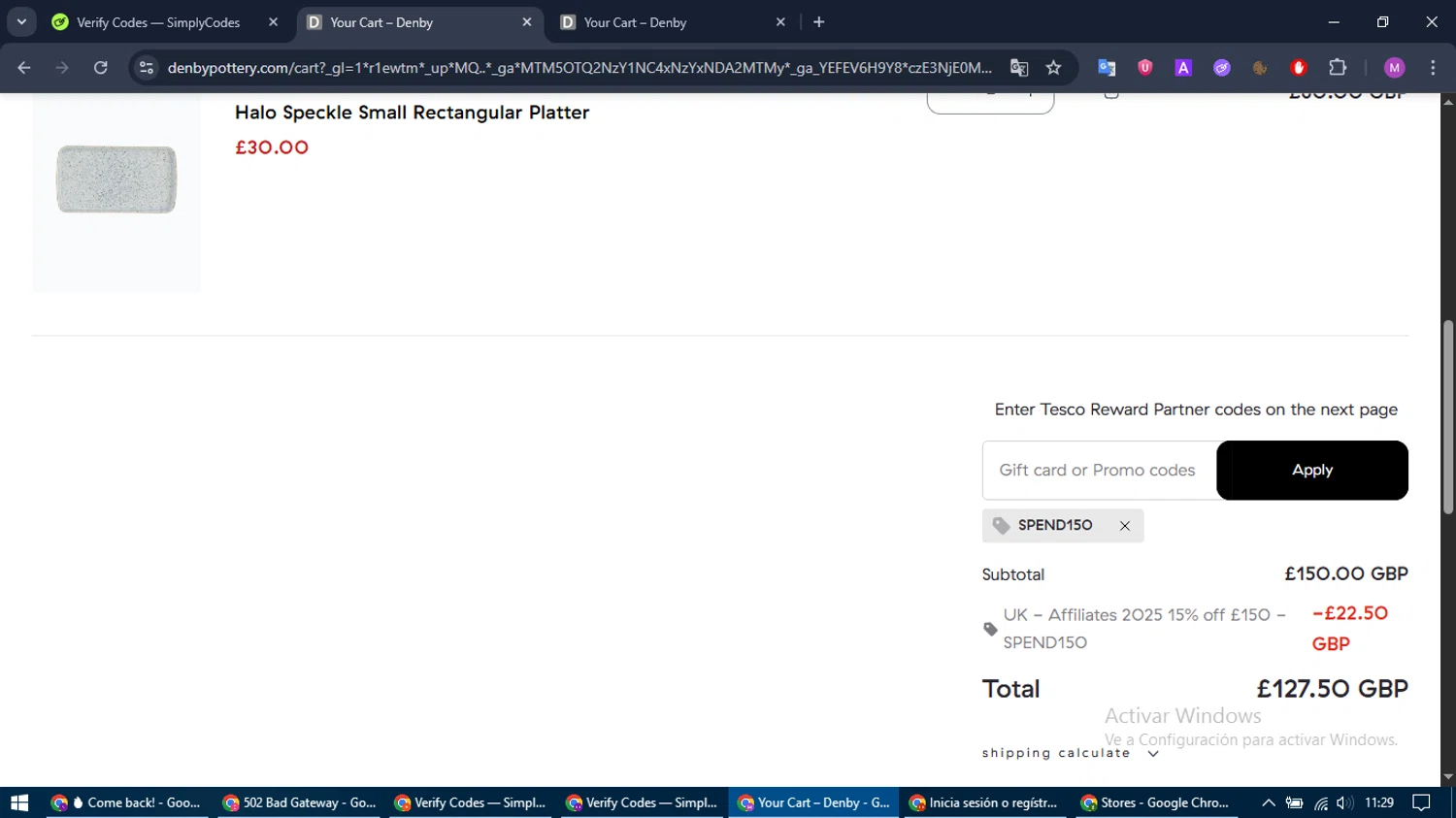 Denby Pottery promo code screenshot showing code SPEND150 applied at Denby Pottery checkout page. Uploaded by SimplyCodes community member MightyTracker1549 on Oct 25, 2025