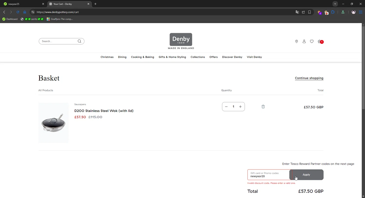 Denby Pottery promo code screenshot showing code newyear25 applied at Denby Pottery checkout page. Uploaded by SimplyCodes community member gribethr on Dec 15, 2025