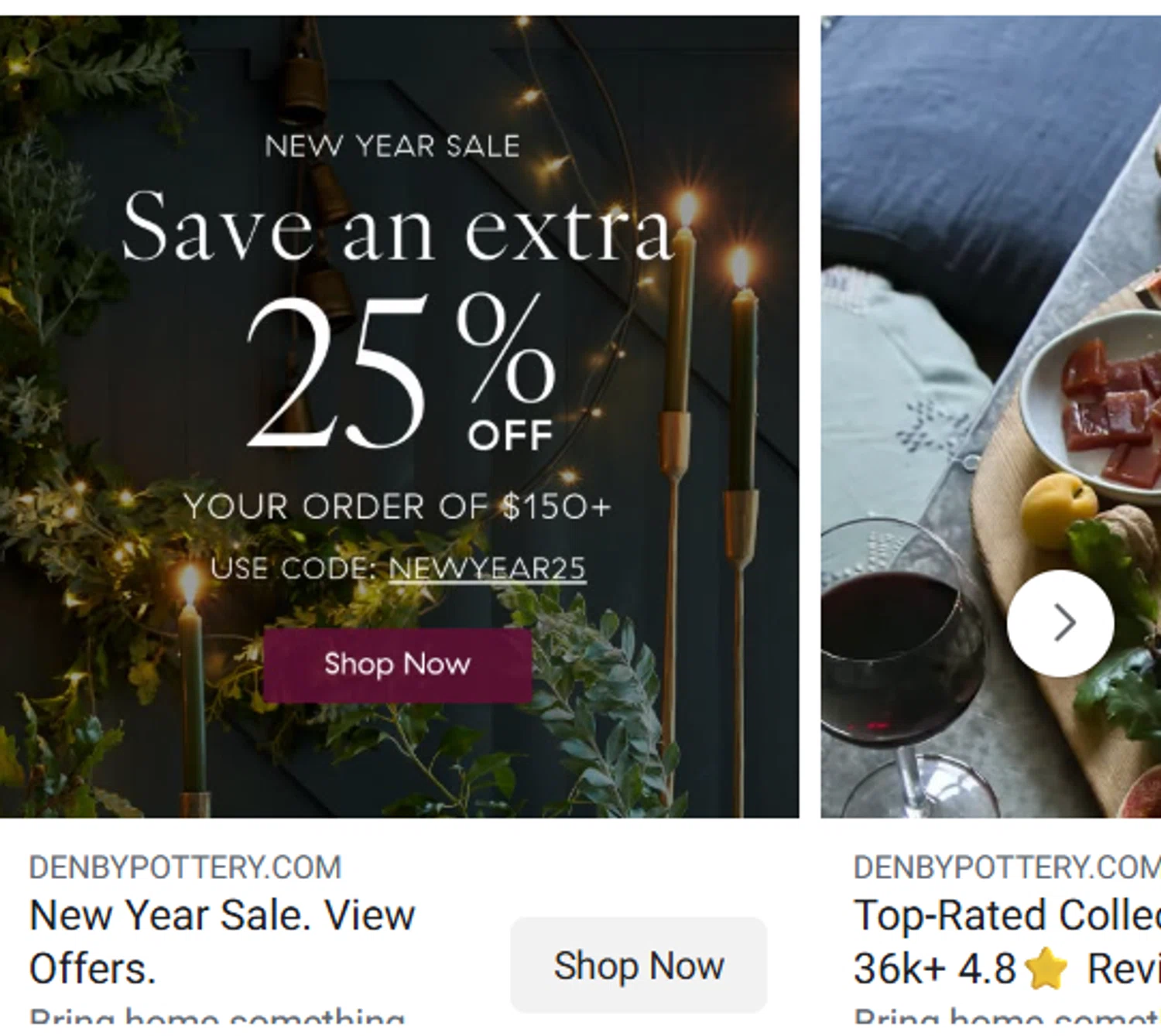 Denby Pottery promo code screenshot showing code newyear25 applied at Denby Pottery checkout page. Uploaded by SimplyCodes community member antonietarodriguez96 on Dec 15, 2025