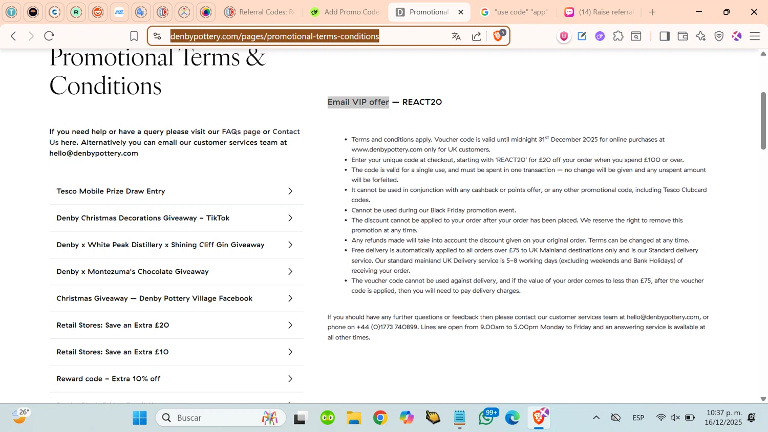Denby Pottery promo code screenshot showing code REACT20 applied at Denby Pottery checkout page. Uploaded by SimplyCodes community member cosita on Dec 17, 2025