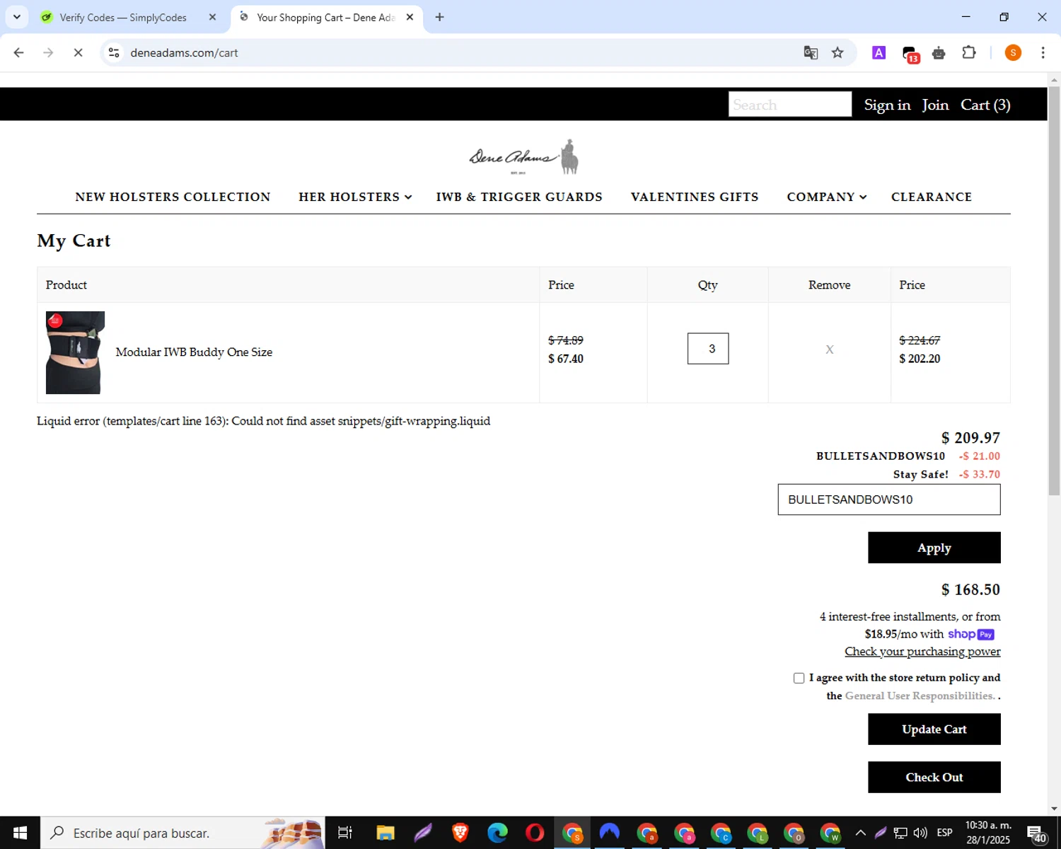 Dene Adams discount code screenshot showing code BULLETSANDBOWS10 applied at Dene Adams checkout page. Uploaded by SimplyCodes community member TokenSpotter210 on Jan 28, 2025