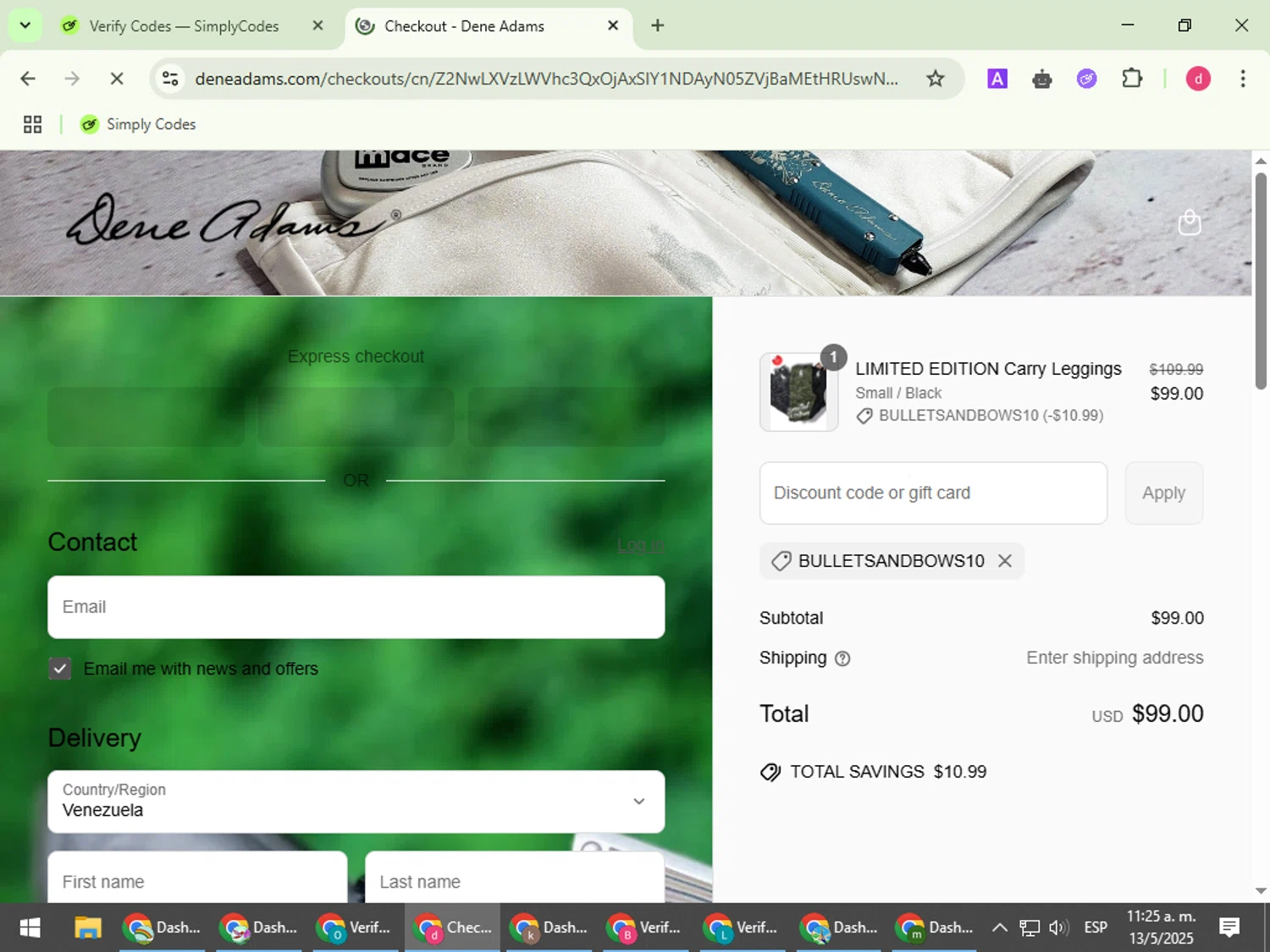 Dene Adams discount code screenshot showing code BULLETSANDBOWS10 applied at Dene Adams checkout page. Uploaded by SimplyCodes community member BudgetVoyager5452 on May 13, 2025