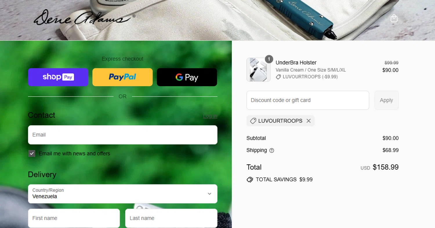 Dene Adams discount code screenshot showing code LUVOURTROOPS applied at Dene Adams checkout page. Uploaded by SimplyCodes community member Sweety2020 on Aug 12, 2025