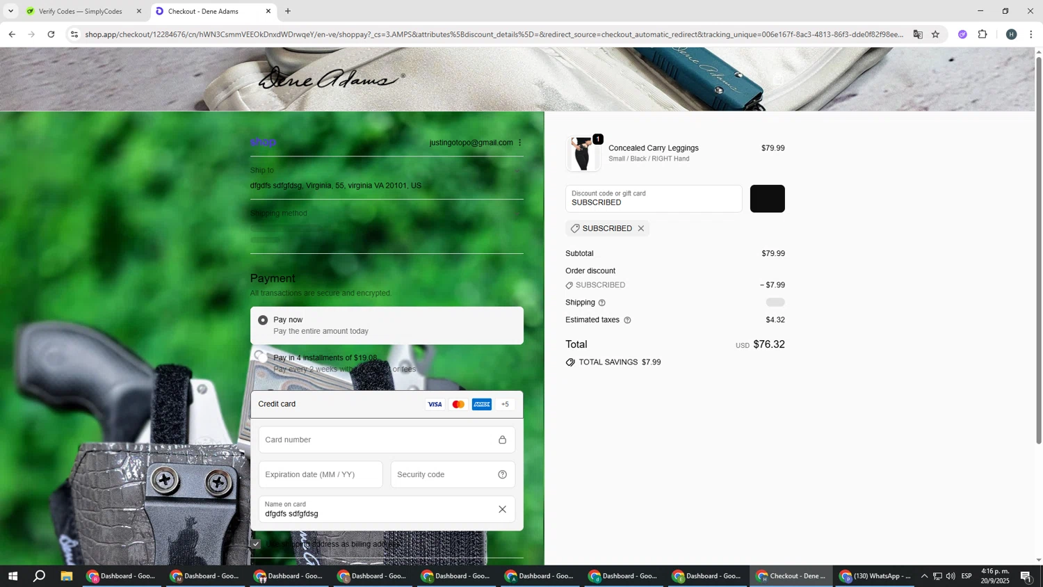 Dene Adams discount code screenshot showing code SUBSCRIBED applied at Dene Adams checkout page. Uploaded by SimplyCodes community member YAMAHA on Sep 20, 2025